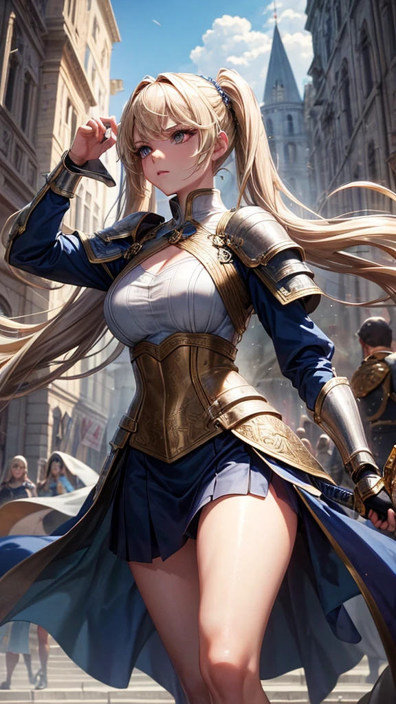 “Create a high-resolution, dynamic scene set in medieval Europe. The central figure is a glamorous woman with long blonde hair styled in twin tails, each adorned with braids. She has striking gray eyes and wears a suit of armor. In one hand, she wields a sword with confidence. The background features a majestic medieval European castle under a bright blue sky dotted with clouds. The scene captures her in a moment of fearless combat, evoking the epic feel of a movie. Pay attention to intricate details and ensure the image is vibrant and full of energy.”