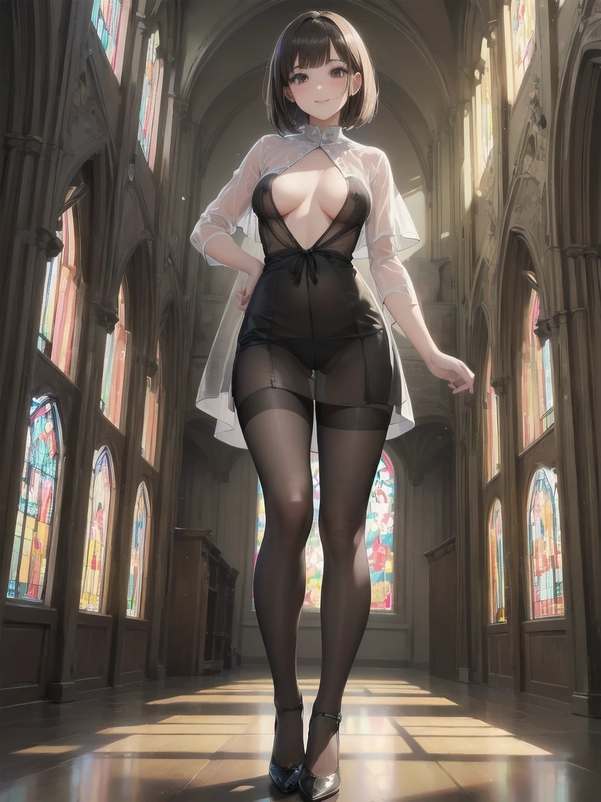 (Ultimate masterpiece), (Superb quality), (Ultra-detailed), High resolution, Ultimate beauty, High saturation, Vivid,.
 
 (((no bra))),(((See-through))),(((no bra))),(((See-through))),
1 beautiful girl, (cute girl), (thighs, black tights), (high heels), (cathedral dress), convent dress,
Super smile, brown hair, one length bob cut braided, (standing, dynamic pose), (dainty pose, super cute), oldest and historic place of worship, indoor background,
Fashion magazine shoot, professional shading, best illustration of her looking pretty.(((no bra))),(((See-through))),(((no bra))),(((See-through))),