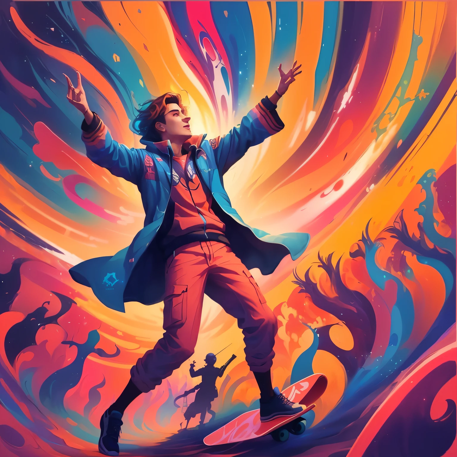 picture of a man on a skateboard in a colorful swirl, Стиль Disco Elysium!!!, Стиль Disco Elysium, inspired Cyril Rolando, Martin then, Cyril Rolando, Cyril Rolando и М. w Kaluta, Cyril Rolando и М.w Kaluta, Artworks by Disco Elysium, in the style of Cyril Rolando, colorful cinema art