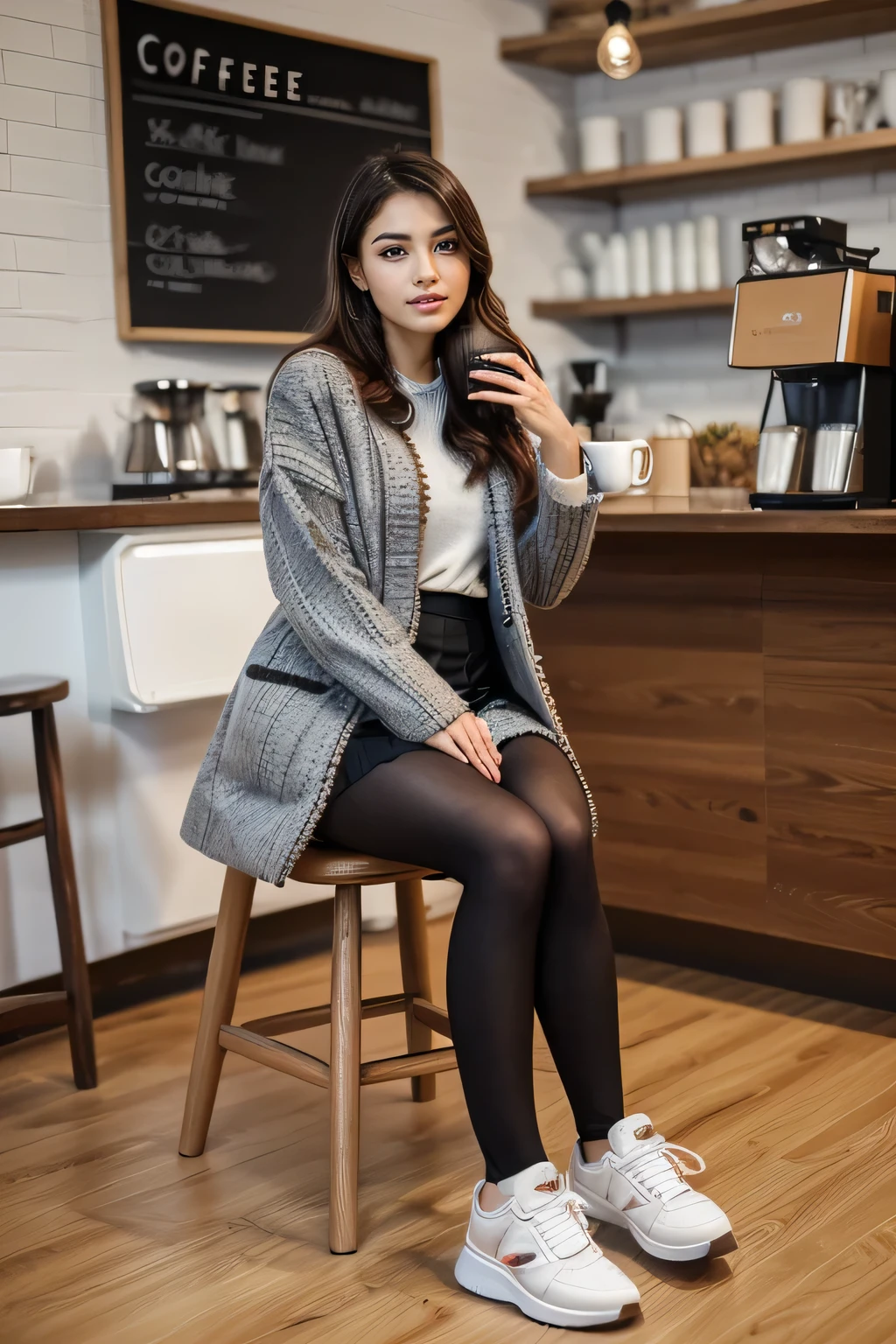 high quality,16K:1.1),(, women sitting on chairs in a coffee shop）、Full Body Shot:1.2),(),bionde、ear piercing、smile、Beautiful teeth alignment、((coat、sweater、Knee-length skirt、tights、sneakers)), ,(View your audience:1.3),Coffee shop in the background
