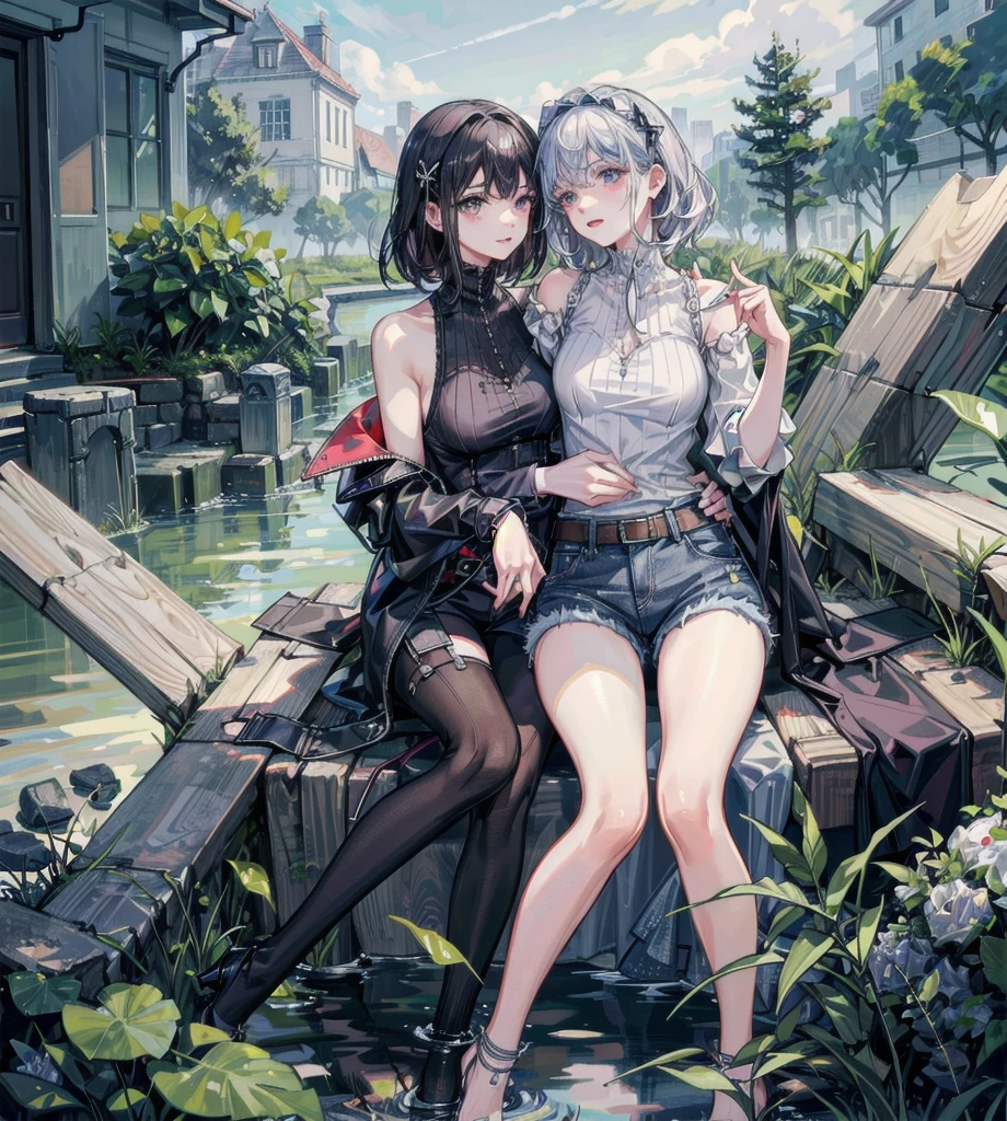 absurdres, RAW photo, extremely delicate and beautiful, masterpiece, Best Quality, ultra high resolution, 32k, hyperrealistic, ultra-detailed, detailed description, perfect anatomy, pale skin, 20 years old, detailed beautiful face and eyes, tearful mole, earring, short medium hair, wavy hair, whole body shot, big tits, yuri, ((2 girls)), plain white shirt,denim shorts, outdoor,