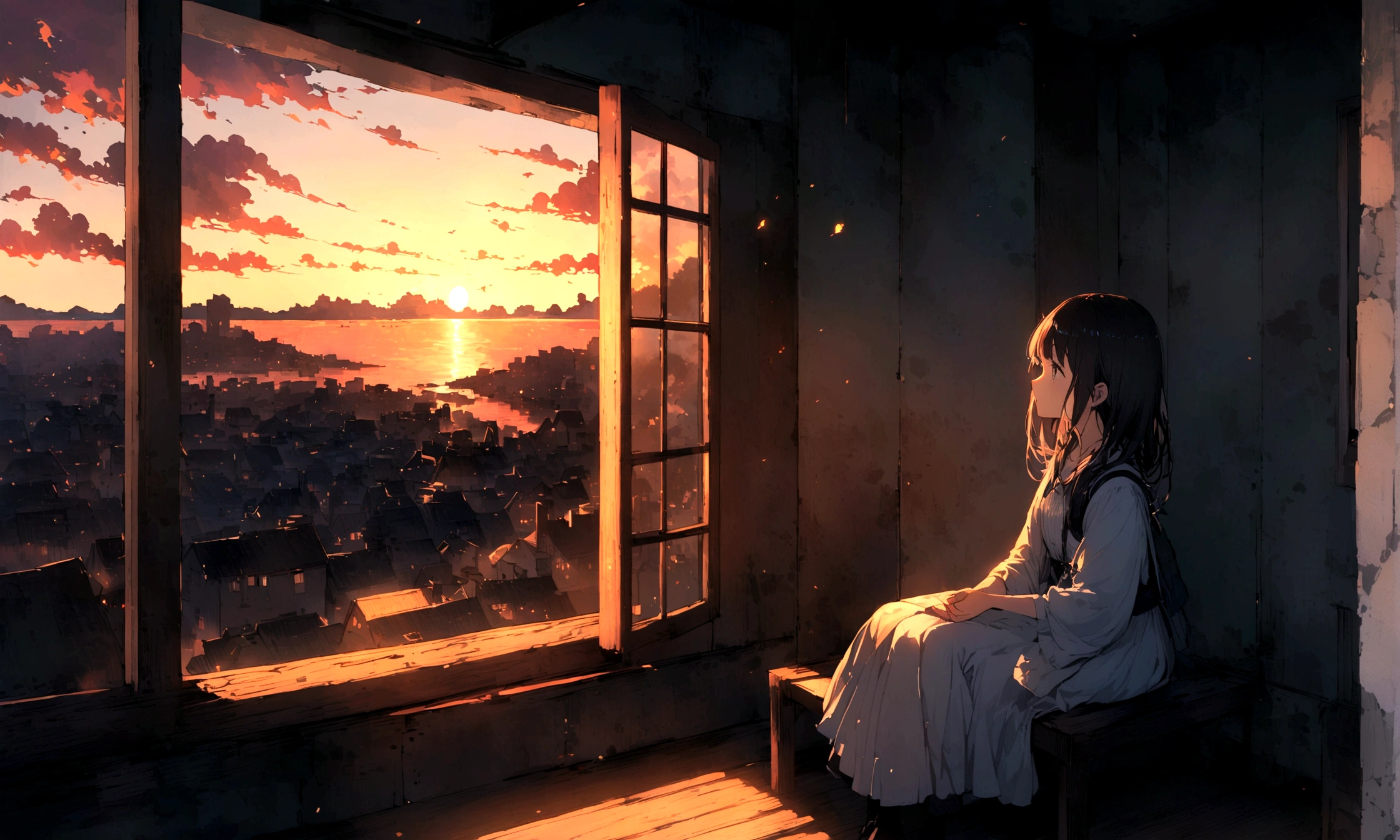sunset, window,Sitting, girl, 大きなwindow, windowから海が見える, windowから地平線が見える,
