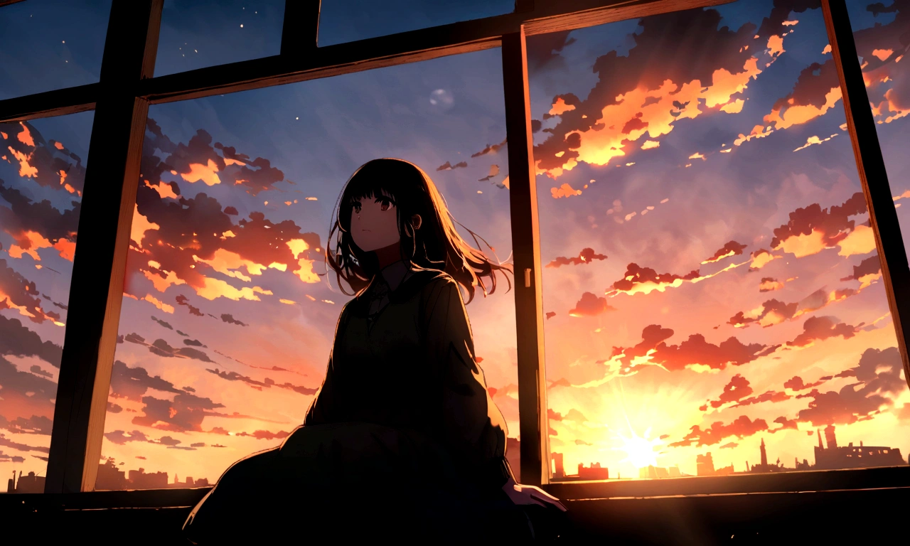 sunset, window,Sitting, girl, 大きなwindow, windowから海が見える, windowから地平線が見える,