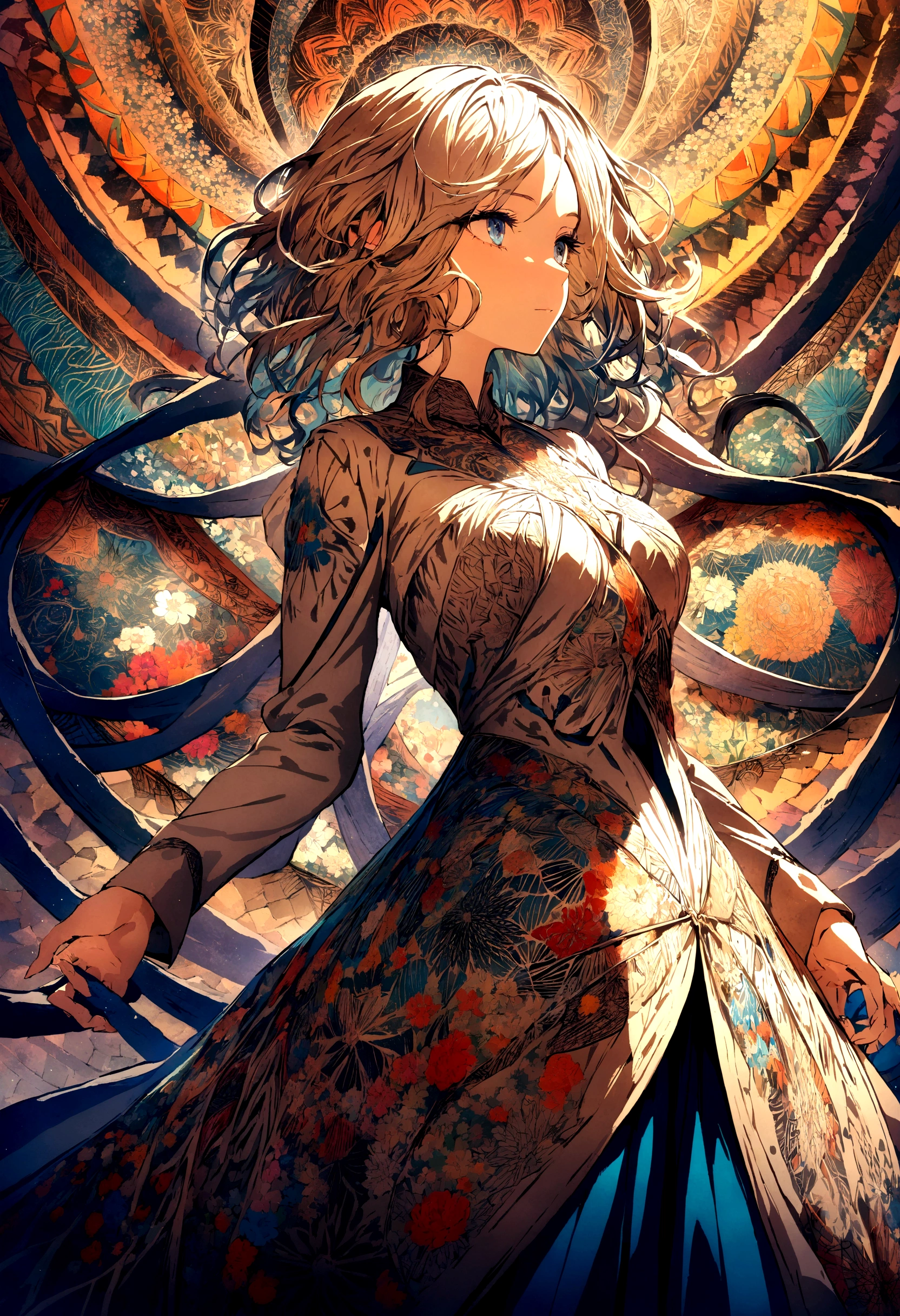 Official Art, Unity Wallpaper, Super detailed, beautiful and aesthetic, beautiful, masterpiece, Highest quality, (zenTangle, Mandala, Tangle, enTangle), (Flower Ecstasy:1.2) Dynamic Angle, Cowboy Shot, the most beautiful form of chaos, elegant, Brutalist design, Vibrant colors, Romanticism, Atmospheric
