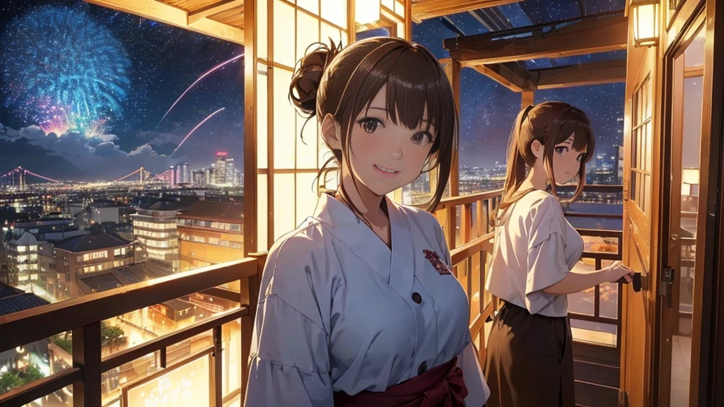 (Very detailed,High resolution,masterpiece:1.2)Japanese、Balcony of a high rise apartment・Balcony、Night view, Starry Sky、milky way、Light brown hair. Big fireworks、No sleeve、Short sleeve tops、(Highest quality:1.2), 20~40-year-old woman、Small breasts、Very detailedな, High resolution, masterpiece:1,2, Vivid and colorful,, Professional Lighting, Physically Based Rendering, Flat Color:0.8, Detailed illustrations, realism:1.37, Makoto Shinkai style, Your name style, Light brown hair, Elegant update,ponytail, Bun Hair。, Laugh together, Selfie, Full body older sister、。I love you 、、The whole body is visible、Anime Drawings、。The whole body is visible、A group of several people