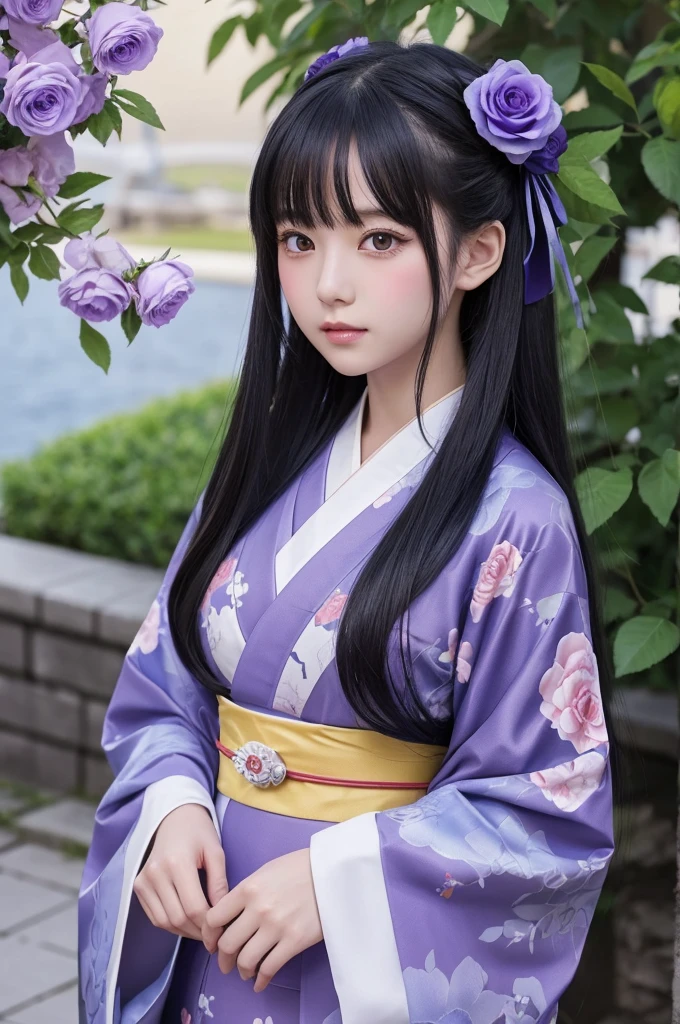 Anime illustration、masterpiece、Highest quality、One girl、Long straight black hair、Her hair is decorated with a ribbon and roses.、Wearing a kimono、The pattern is blue roses、Eyes are a violet gradation、The season is summer dusk、The background is the port、Nippon Maru is at anchor、Summer grass grows