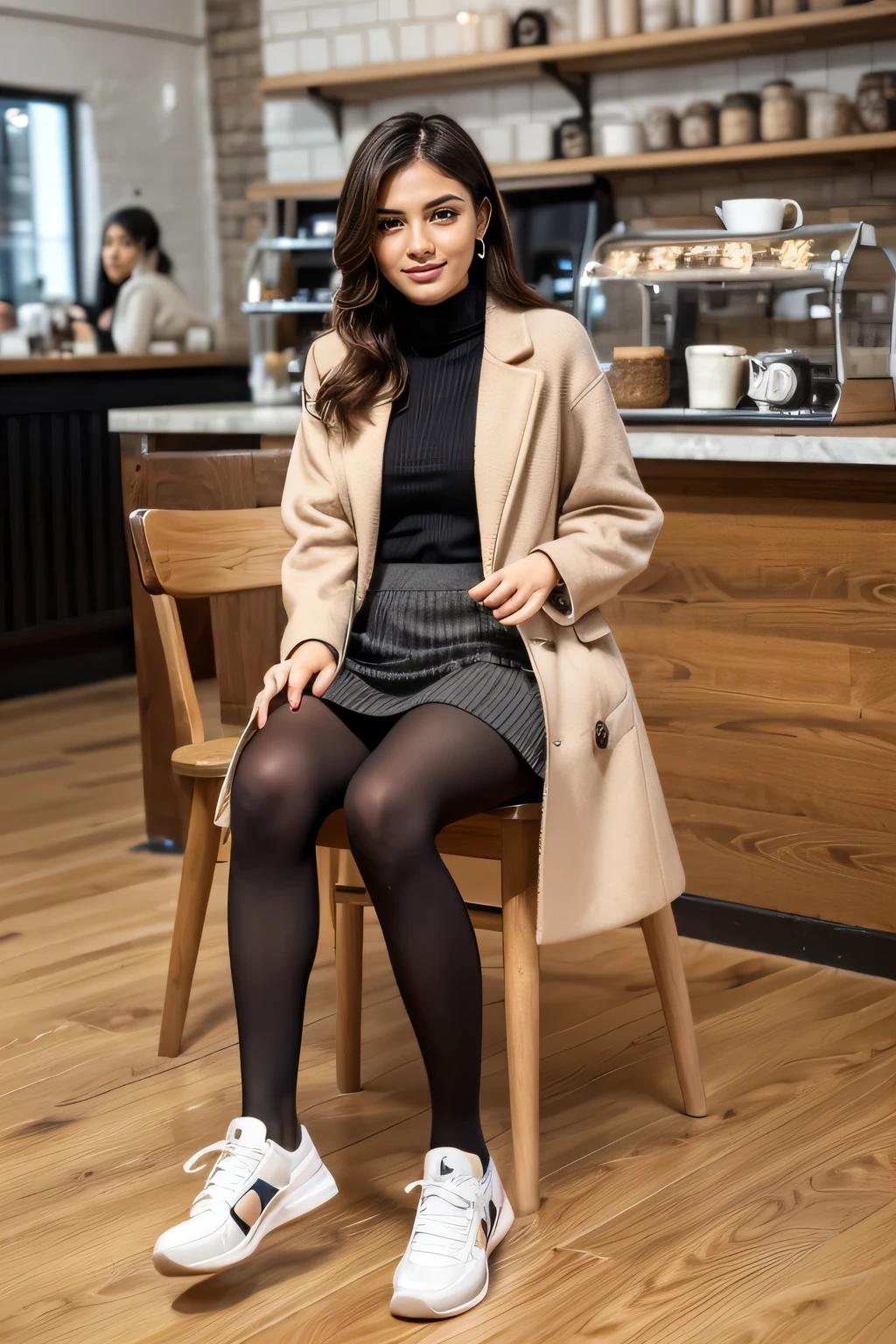 high quality,16K:1.1),(, women sitting on chairs in a coffee shop)、Full Body Shot:1.2),(),bionde、ear piercing、smile、Beautiful teeth alignment、((coat、sweater、Knee-length skirt、tights、sneakers)), ,(View your audience:1.3),Coffee shop in the background