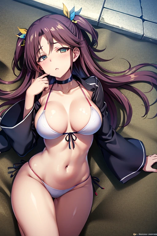 (masterpiece, Highest quality:1.2), full body, One girl, between eyes, Twin tails, Hair Ribbon, Large Breasts, choker, Cowardly, blush, White Bikini, Beach, From above, (Fine and beautiful eyes:1.6), Highly detailed face, Highly detailed CG, (Perfect hands, Perfect Anatomy),