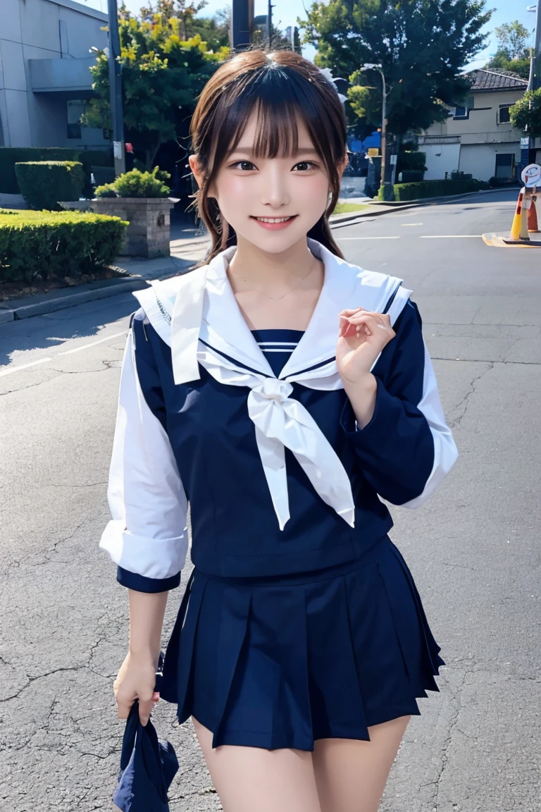 ((Sailor suit:1.3)),Sailor suit,Short skirt,Skin color,white,Smiling,barefoot,18-year-old,Large chest