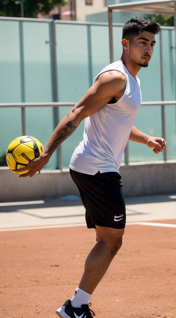 guy, athletic build, Peruvian nationality, in motion, one leg Keepie uppie lower legs with ball, one leg standing straight on the ground, full-length, wearing a white sleeveless T-shirt and black shorts, excellent quality, photo, excellent detail, high quality, profile photo, realistic, photography, realism, side view