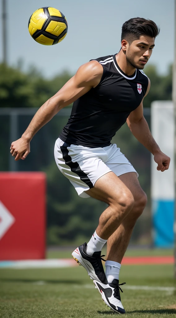 guy, athletic build, Peruvian nationality, in motion, one leg Keepie uppie lower legs with ball, one leg standing straight on the ground, full-length, wearing a white sleeveless T-shirt and black shorts, excellent quality, photo, excellent detail, high quality, profile photo, realistic, photography, realism, side view