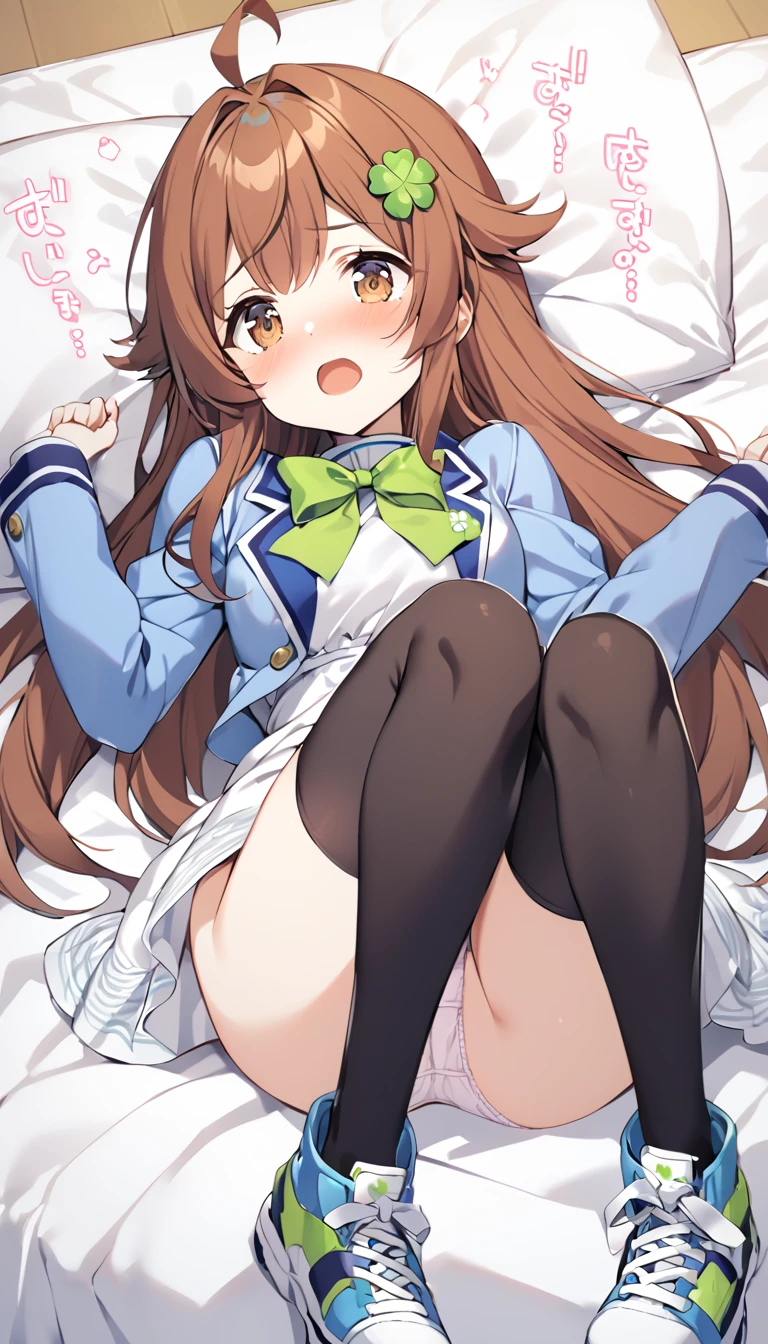 brown eyes,long hair,clover hair ornament,ahoge,blue jacket,white dress, long sleeves,green bow, black thighhighs,sneakers,amamiya mimori, on bed, panties, knees up, on back, flustration,open legs,
