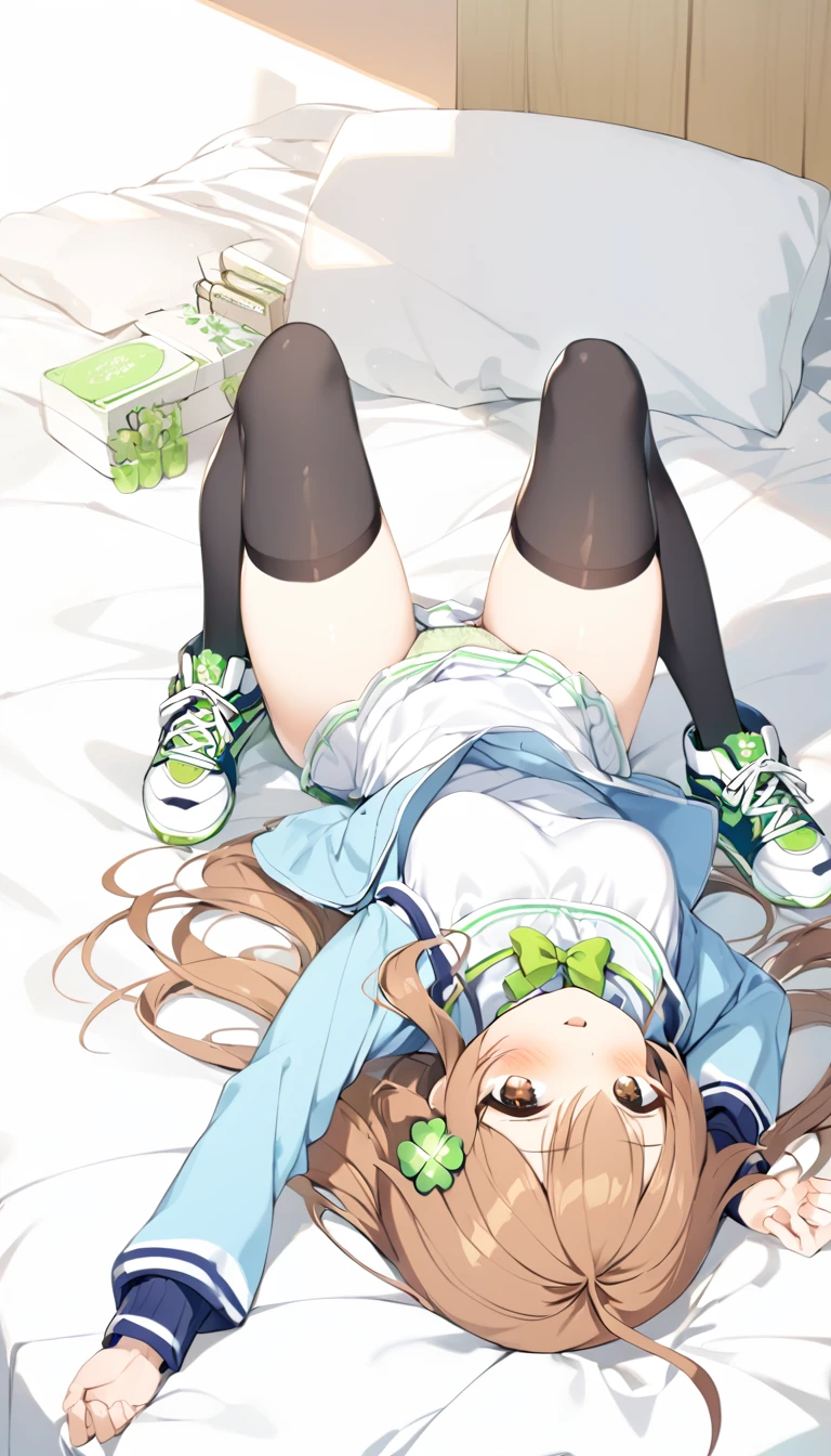 brown eyes,long hair,clover hair ornament,ahoge,blue jacket,white dress, long sleeves,green bow, black thighhighs,sneakers,amamiya mimori, on bed, panties, knees up, on back, flustration,open legs,