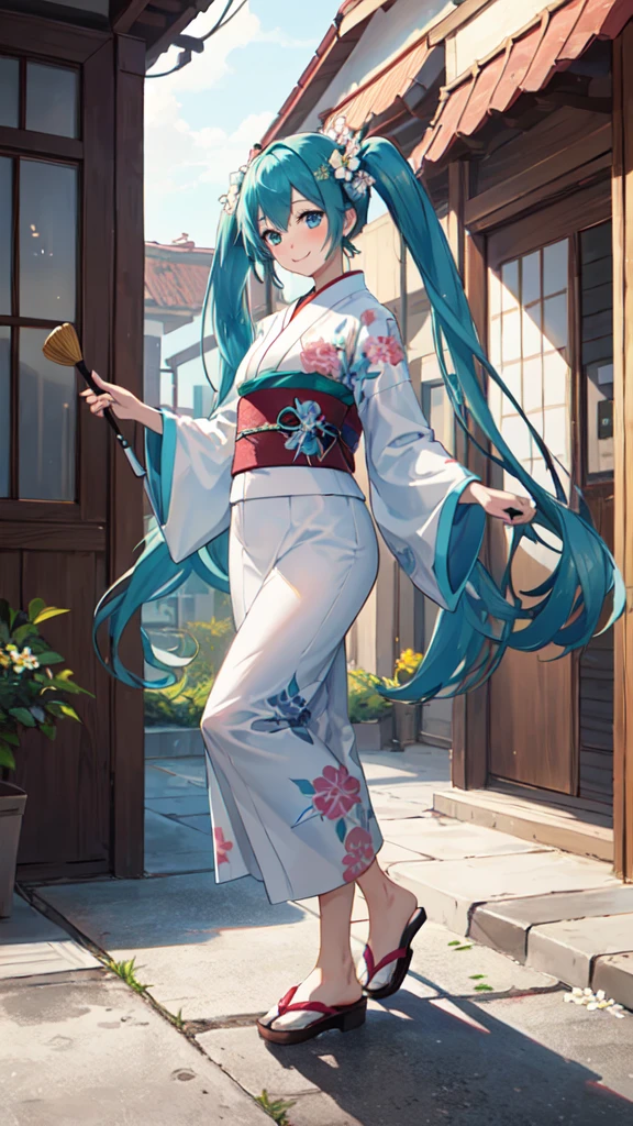 best quality, masterpiece, high resolution, solitary, (Hatsune_future_Blue File:1.10), 1 girl, Wide sleeves, Long sleeve, Looking at the audience, Heart, blush, flowering, Smile, Holding an umbrella, Oil-paper umbrella, outdoor, Floral, White Kimono, Residence, Printed Kimono, 14 ,Dance,full-body shot