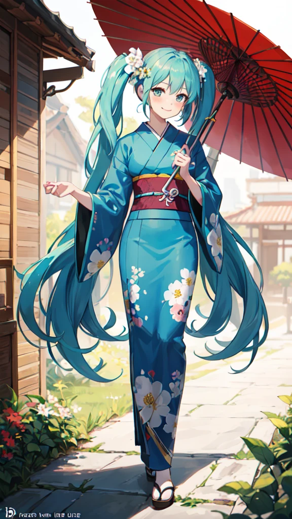 best quality, masterpiece, high resolution, solitary, (Hatsune_future_Blue File:1.10), 1 girl, Wide sleeves, Long sleeve, Looking at the audience, Heart, blush, flowering, Smile, Holding an umbrella, Oil-paper umbrella, outdoor, Floral, White Kimono, Residence, Printed Kimono, 14 ，Dance，full-body shot