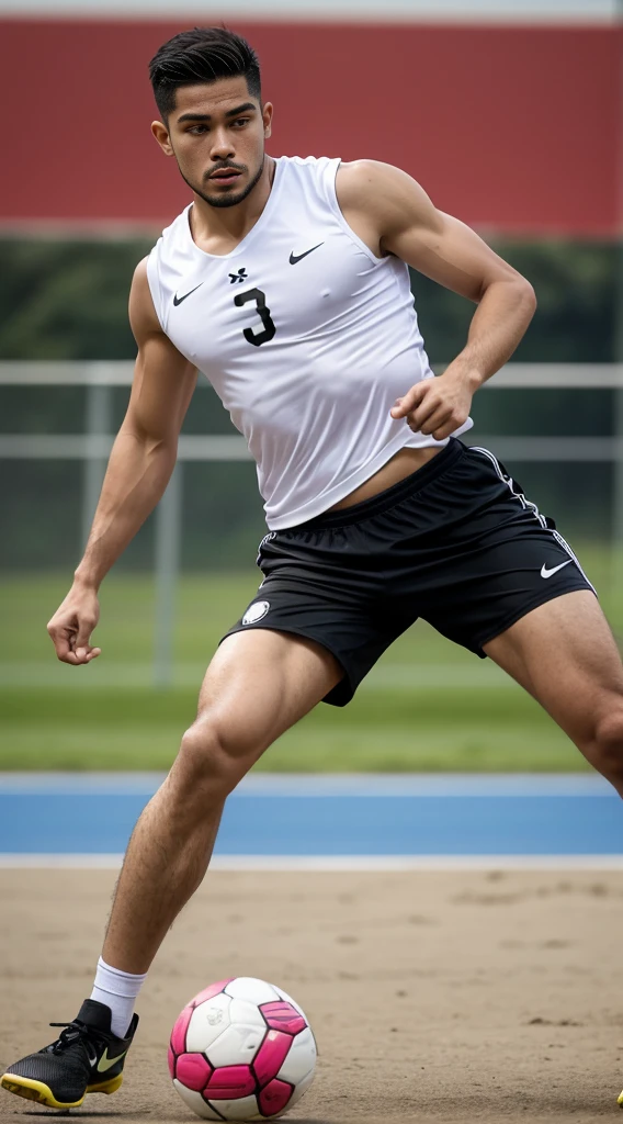 guy, athletic build, Peruvian nationality, in motion, one leg Keepie uppie lower legs with ball, one leg standing straight on the ground, full-length, wearing a white sleeveless T-shirt and black shorts, excellent quality, photo, excellent detail, high quality, profile photo, realistic, photography, realism, profile angle