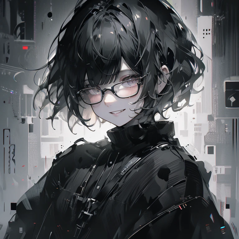 (8K、Highest quality、Highest quality、masterpiece)、Detailed face、One Girl、Black Hair、Glasses、Bobcut、whole body、Grin