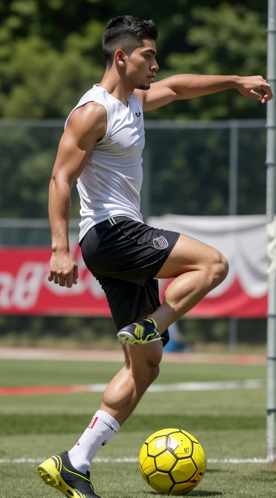 guy, athletic build, Peruvian nationality, in motion, one leg Keepie uppie lower legs with ball, one leg standing straight on the ground, full-length, wearing a white sleeveless T-shirt and black shorts, excellent quality, photo, excellent detail, high quality, profile photo, realistic, photography, realism, profile angle,  side view