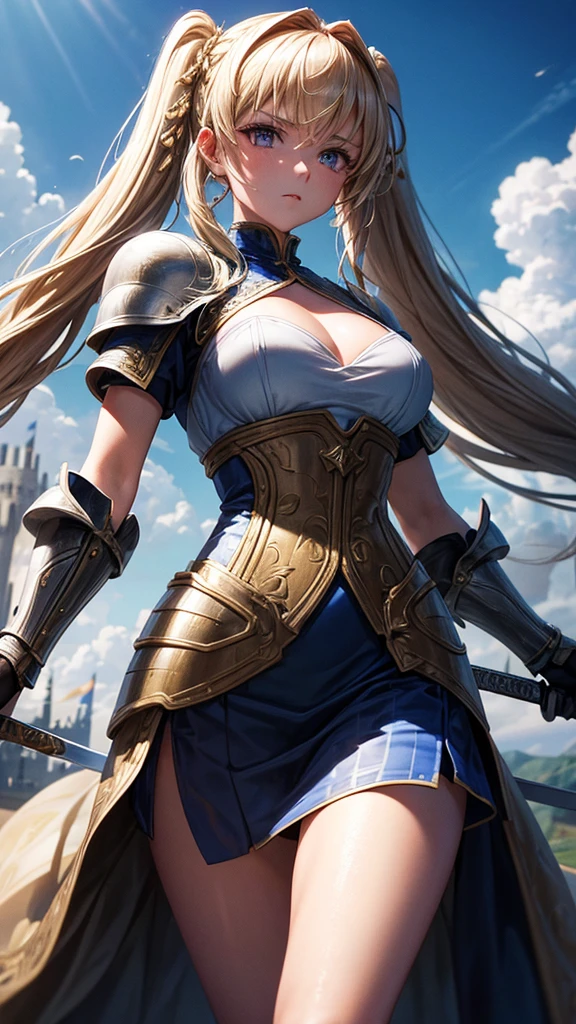“Create a high-resolution, dynamic scene set in medieval Europe. The central figure is a glamorous woman with long blonde hair styled in twin tails, each adorned with braids. She has striking gray eyes and wears a suit of armor. In one hand, she wields a sword with confidence. The background features a majestic medieval European castle under a bright blue sky dotted with clouds. The scene captures her in a moment of fearless combat, evoking the epic feel of a movie. Pay attention to intricate details and ensure the image is vibrant and full of energy.”