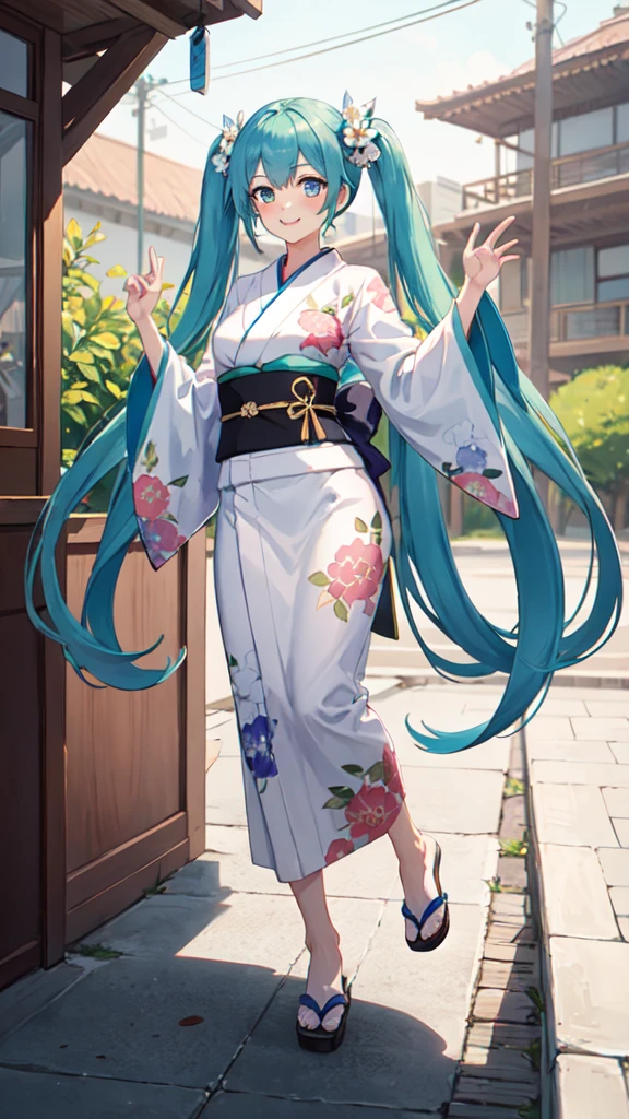 best quality, masterpiece, high resolution, solitary, (Hatsune_future_Blue File:1.10), 1 girl, Wide sleeves, Long sleeve, Looking at the audience, Heart, blush, flowering, Smile, outdoor, Floral, White Kimono, Residence, Printed Kimono, 14 ,Dance,full-body shot
