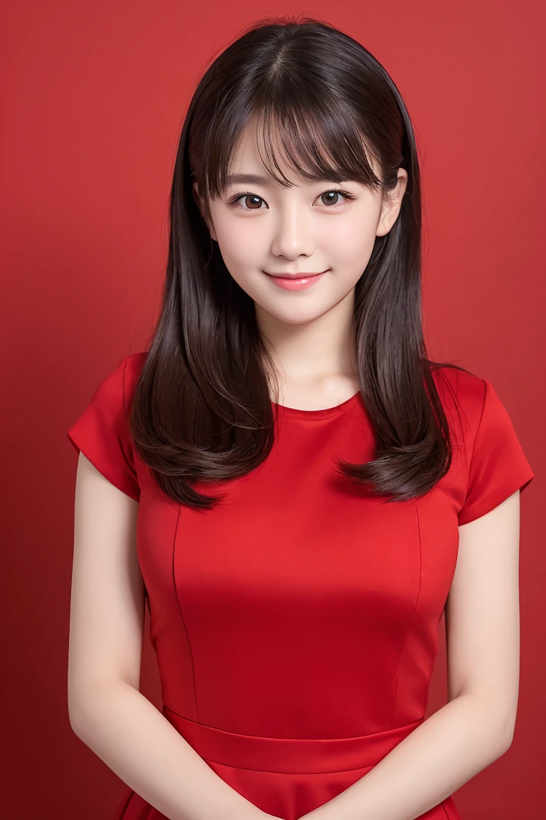 (Highest quality、Tabletop、8K、Best image quality、Award-winning works)、One Girl、(24-years-old:1.1)、(High School Uniform:1.1)、A smile staring at me、(Closed lips:1.1)、Accurate anatomy、(Red background:1.2)、Face close-up、Portrait Photography、Standing Elegantly、Upper body photo、Glowing Skin、(Look forward:1.1)