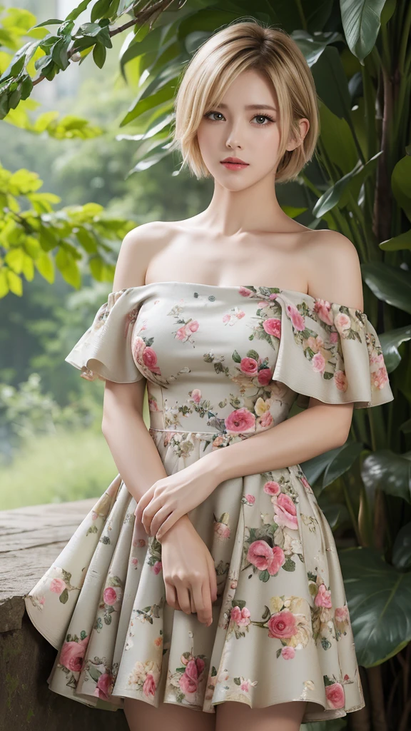 、(masterpiece、Highest quality)、Highest quality, Ultra-high resolution, (((masterpiece))), alone, Sweat、Big eyes,View Audience,
blonde,(short hair:1.2), (Highest quality:1.3),One Girl,Private Server、Floral Dress、nature、Off the shoulder、Embarrassed face