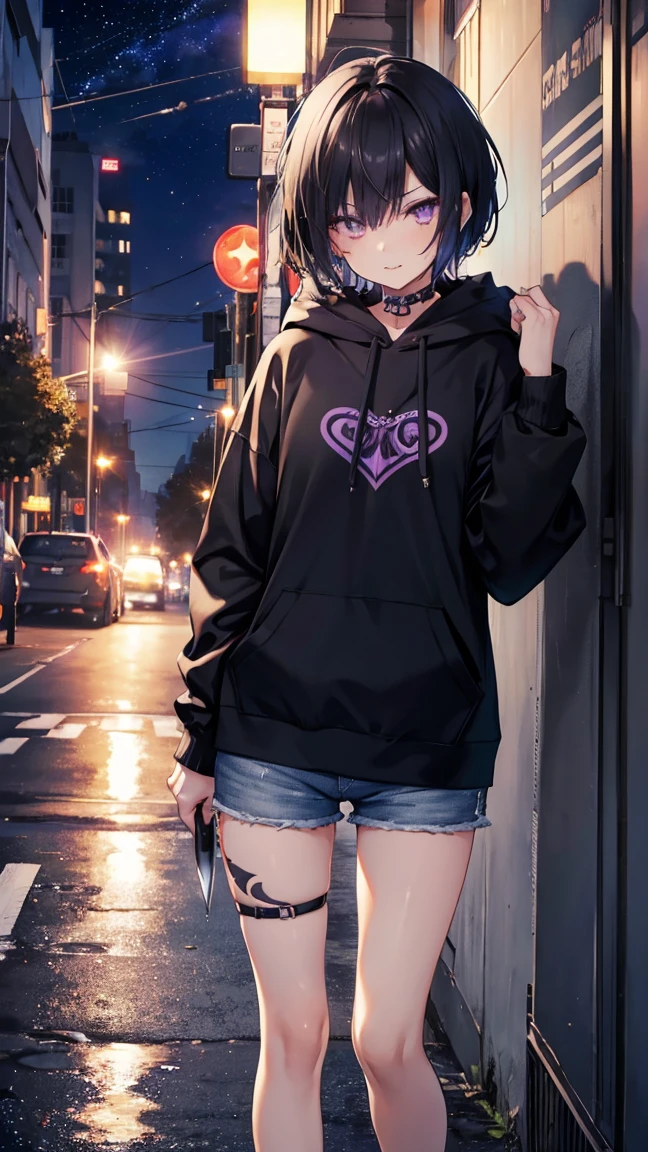 High resolution,high resolution,Girl,Black Hair,Short Hair,Purple Eyes,Slanted Eyes,Bad mood,boyish,slender,Toned body,Street,hoodie,Tattoo,Food,Shorts,knife,Starry Sky,Licking your lips