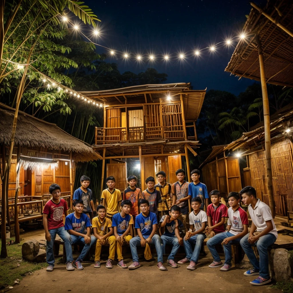 A stunning, high-quality photograph of six Indonesian youths, aged 20, gathered on a residential street at night. They are wearing casual clothes in a variety of vibrant colors, creating a lively and diverse scene. One of the youths is playing an acoustic guitar, contributing to the cheerful atmosphere. In the background, a bamboo hut with a 'Pos Ronda' label adds a touch of local charm to the image. The photo is expertly captured using DSLR, showcasing the natural beauty and detailed expressions of the subjects. This portrait photography masterpiece beautifully captures the essence of youth, camaraderie, and the Indonesian culture., wildlife photography, photo, portrait photography