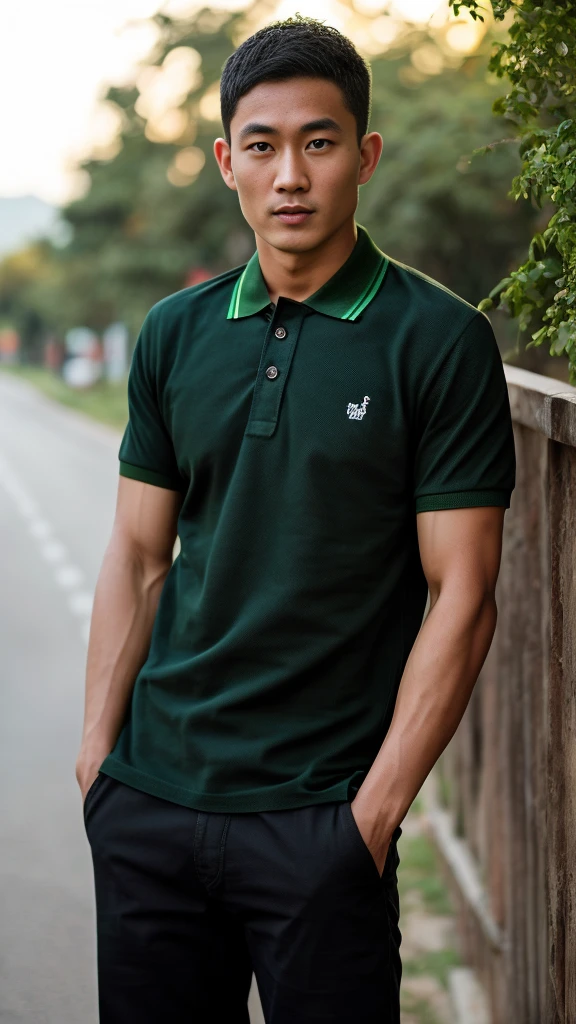 Thai man ,man,He is about 30 years old..,Rough and handsome appearance,large breastsj,Big waistline,buzz cut, angry, sullen, best quality, Masterpiece,(Have muscles:4.5),(best quality,high resolution,Masterpiece:1.2),The eyes are natural and delicate..,1 person,alone,gay asian,muscle,Long legs,brave,short hair details,conjunctivitis ,strong,brown eyes, (outdoor background road :1.5),in the market,sit (dark green polo shirt:1.3),Jeans