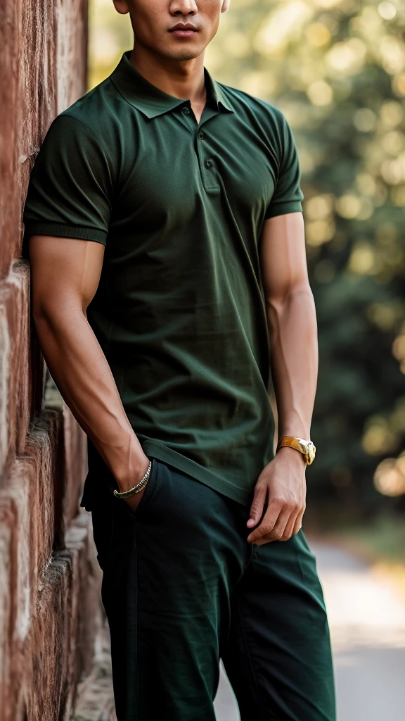 Thai man ,man，He is about 30 years old..，Rough and handsome appearance，large breastsj，Big waistline，buzz cut, angry, sullen, best quality, Masterpiece，（Have muscles：4.5），(best quality,high resolution,Masterpiece:1.2),The eyes are natural and delicate..,1 person,alone,gay asian,muscle,Long legs,brave,short hair details,conjunctivitis ,strong,brown eyes, (outdoor background road :1.5)，in the market，sit (dark green polo shirt:1.3),Jeans