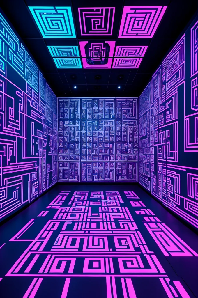 Escape room arena with projection mapping technology on the walls and ceiling projecting a maze-puzzle. This is all with a color palette of pink and baby blue 