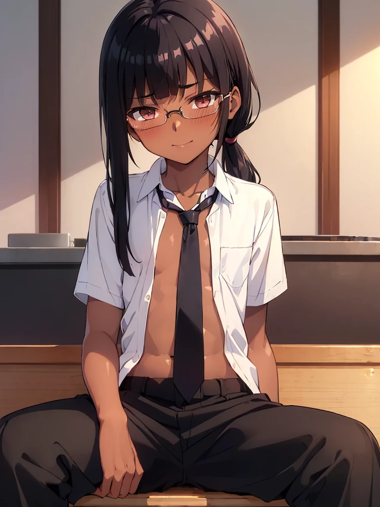 (1 girl solo),(dark skin:1.5) ,20 years old, (black hair:1.3),  (glasses:1.4),  , (straight hair:1.5), (evil smile:1.2) ,long sidelocks, (blush:1.3),(sit on desk:1.3),(Put left knee in front:1.5),(boy's school uniform long pant:1.5),(loosen necktie:1.2),spread legs,bend knee,(open shirt:1.5),(short_sleeves shirt:1.3),(low long ponytail:1.4),(blunt bangs:1.4), (greaming skin:1.3),(flat_chest:1.6), (oily skin:1.3),(wide hips:1.3)