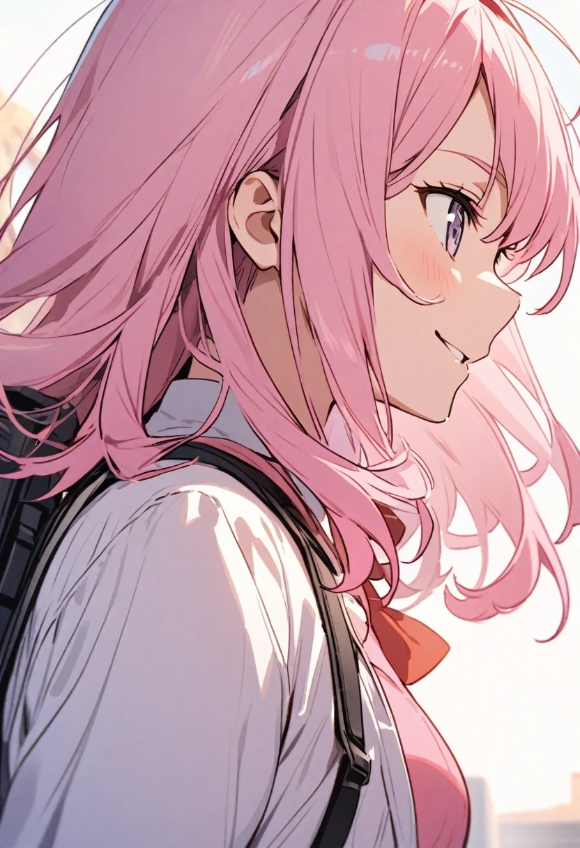 A pink-haired girl with a gun pointed at her head from the side、smile