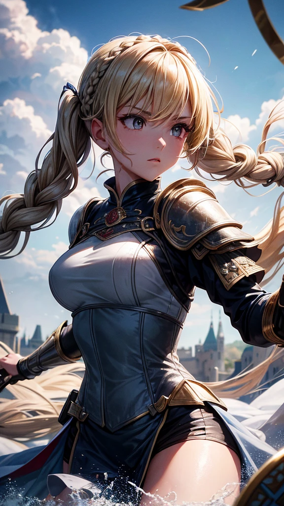 “Create a high-resolution, dynamic scene set in medieval Europe. The central figure is a glamorous woman with long blonde hair styled in twin tails, each adorned with braids. She has striking gray eyes and wears a suit of armor. In one hand, she wields a sword with confidence. The background features a majestic medieval European castle under a bright blue sky dotted with clouds. The scene captures her in a moment of fearless combat, evoking the epic feel of a movie. Pay attention to intricate details and ensure the image is vibrant and full of energy.”
