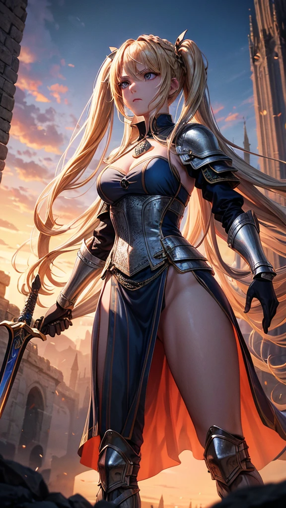 “Create a high-resolution, dynamic scene set in medieval Europe. The central figure is a glamorous woman with long blonde hair styled in twin tails, each adorned with braids. She has striking gray eyes and wears a suit of armor. In one hand, she wields a sword with confidence. The background features a majestic medieval European castle under a bright blue sky dotted with clouds. The scene captures her in a moment of fearless combat, evoking the epic feel of a movie. Pay attention to intricate details and ensure the image is vibrant and full of energy.”