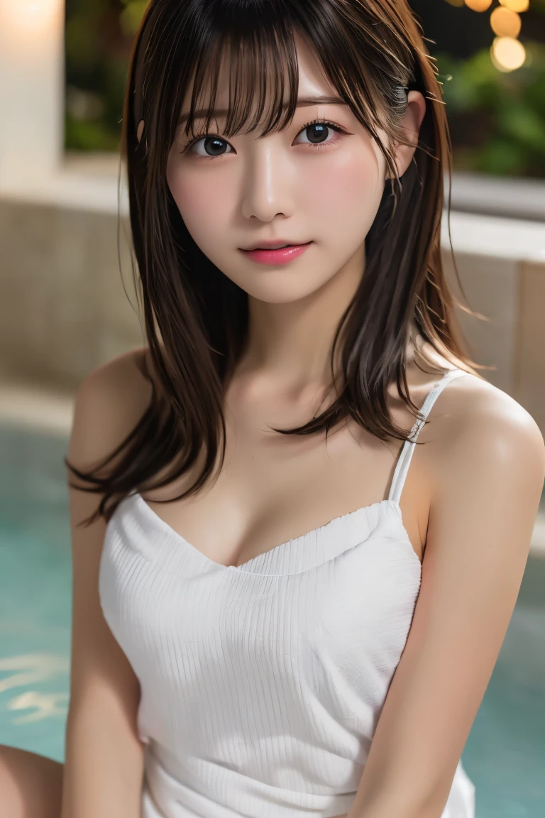 Highest quality, (beautiful)、Soak in the open-air bath、Wrap a bath towel around your body、Upper Body、Close-up、Soft 、night、sit