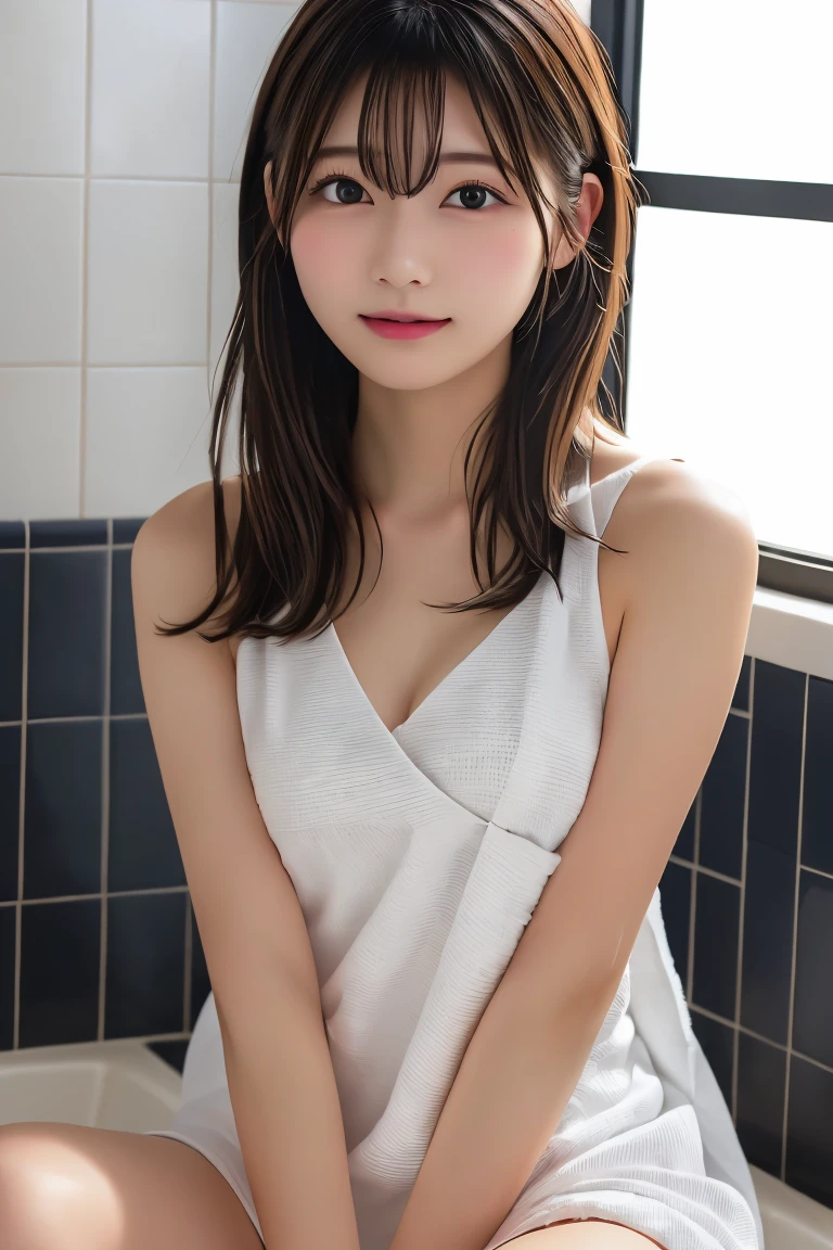 Highest quality, (beautiful)、Soak in the open-air bath、Wrap a bath towel around your body、Upper Body、Close-up、Soft 、night、sit