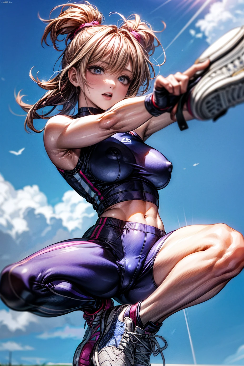 Aerobics Style of the 2000s、sneakers、Detailed picture、girl、25-year-old woman、Dynamic and lively pose、Crotch line、Erect nipples