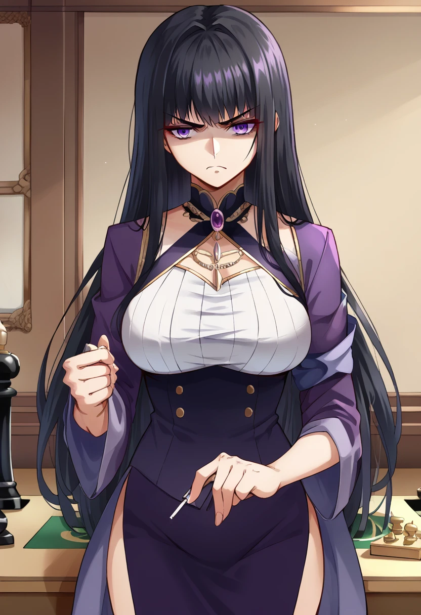 long dark black hair female, playing chess pov, beautiful, hime, straight black hair, noble attire, purple clothes, purple eyes, manhwa style, aristocrat, noble woman, mocking smirk, smart, cunning, 18 years old, elegant, grabing right breast, arm over shoulder, man out of frame, glaring angry at him
