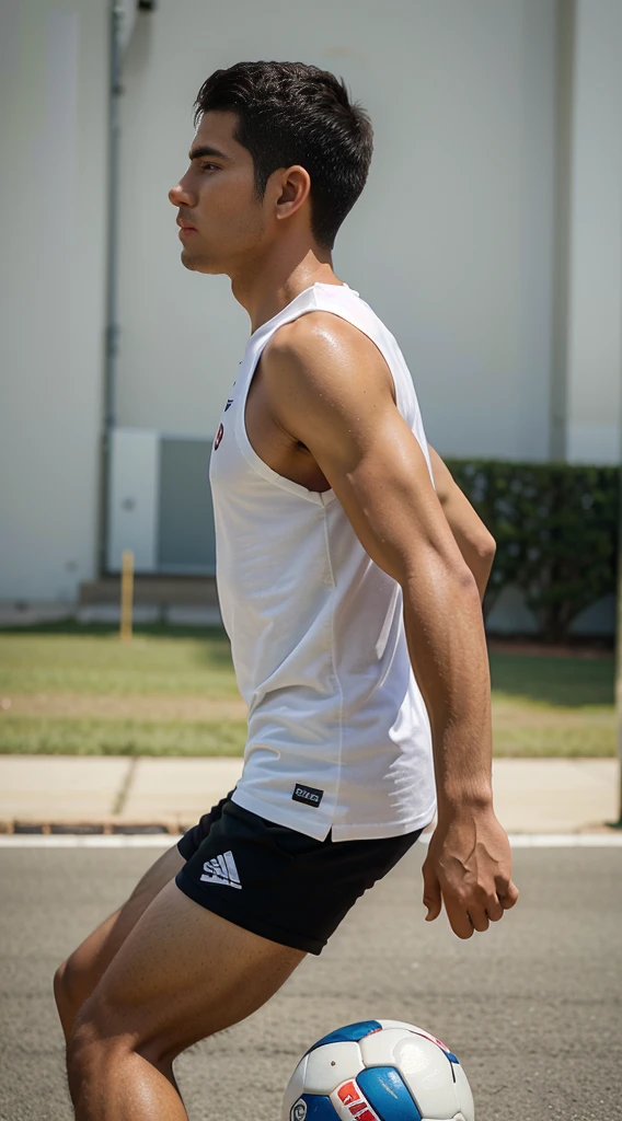 guy, athletic build, Peruvian nationality, in motion, one leg Keepie uppie lower legs with ball, one leg standing straight on the ground, full-length, wearing a white sleeveless T-shirt and black shorts, excellent quality, photo, excellent detail, high quality, profile photo, realistic, photography, realism, profile angle, side view