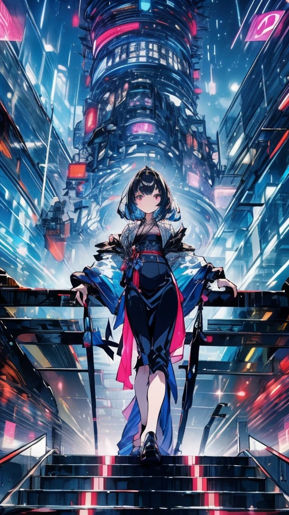 A beautiful girl in a long elegant dress,standing in the middle of a futuristic Tokyo city, neon lights shining in the background, extremely detailed face and eyes, beautiful glowing skin, dramatic lighting, cinematic composition, vibrant colors, intricate details, photorealistic, 8K, high resolution, best quality, masterpiece