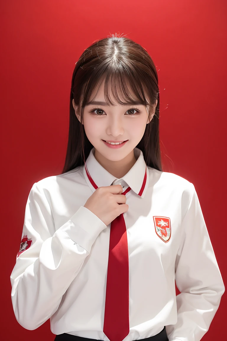 (Highest quality、Tabletop、8K、Best image quality、Award-winning works)、One Girl、(24-years-old:1.1)、(High school white long sleeve collared uniform:1.1)、A smile staring at me、(Closed lips:1.1)、Accurate anatomy、(Red background:1.2)、Face close-up、Portrait Photography、Standing Elegantly、Upper body photo、Glowing Skin、(Look forward:1.1)
