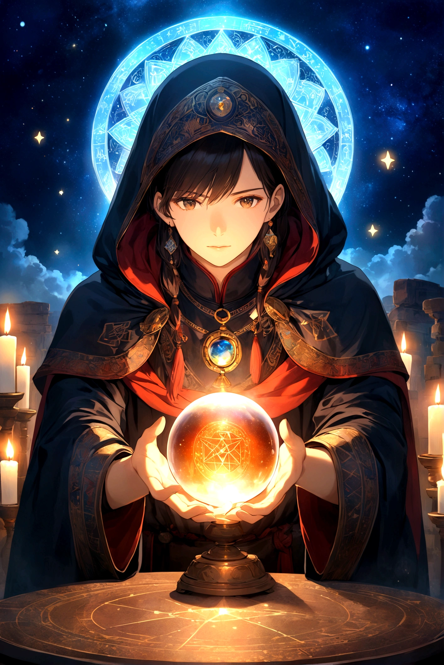 Astrologer, mystery, ancient, Starry sky background, Hold a crystal ball, Staring into the distance, The cloak flutters, night, Candlelight, ancient书籍, Star motif, Magic Runes, mystery氛围, Detailed description, High quality details, Artistic effects