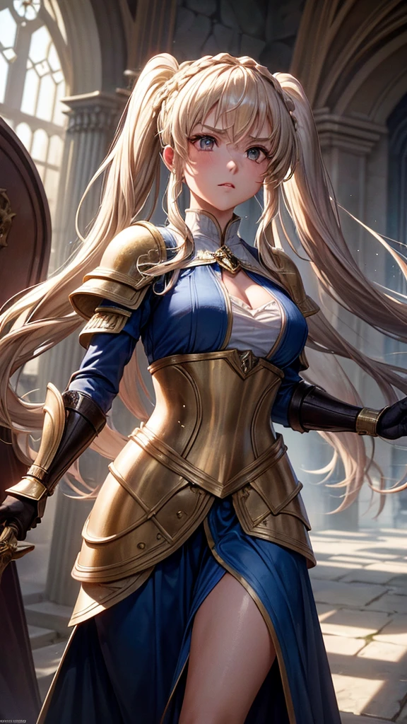 “Create a high-resolution, dynamic scene set in medieval Europe. The central figure is a glamorous woman with long blonde hair styled in twin tails, each adorned with braids. She has striking gray eyes and wears a suit of armor. In one hand, she wields a sword with confidence. The background features a majestic medieval European castle under a bright blue sky dotted with clouds. The scene captures her in a moment of fearless combat, evoking the epic feel of a movie. Pay attention to intricate details and ensure the image is vibrant and full of energy.”