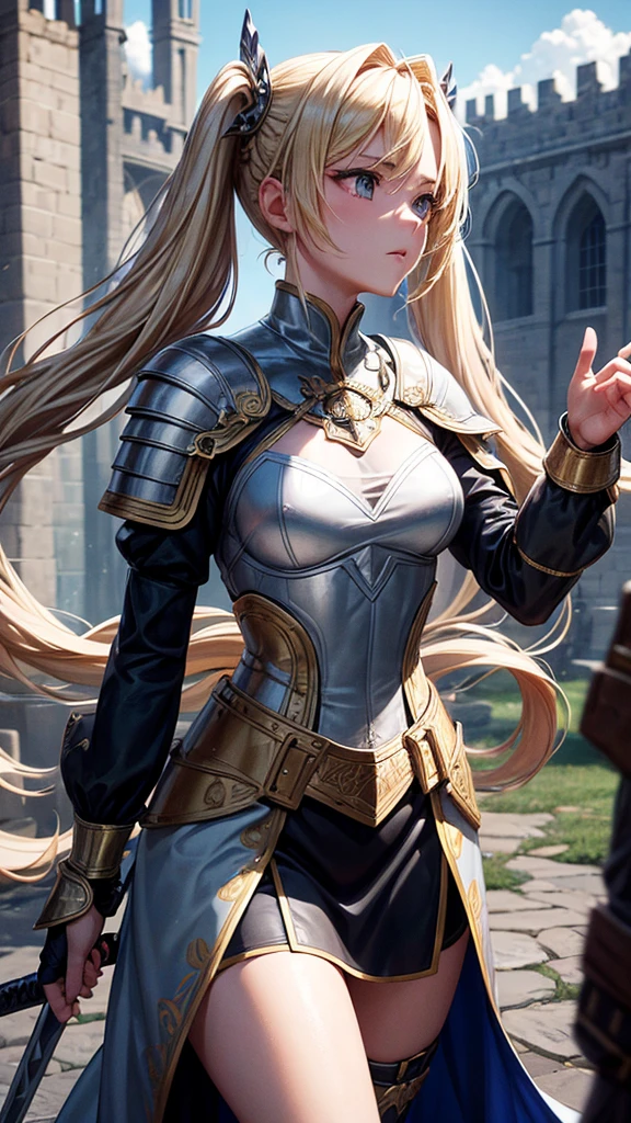 “Create a high-resolution, dynamic scene set in medieval Europe. The central figure is a glamorous woman with long blonde hair styled in twin tails, each adorned with braids. She has striking gray eyes and wears a suit of armor. In one hand, she wields a sword with confidence. The background features a majestic medieval European castle under a bright blue sky dotted with clouds. The scene captures her in a moment of fearless combat, evoking the epic feel of a movie. Pay attention to intricate details and ensure the image is vibrant and full of energy.”