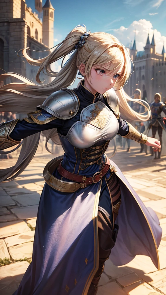 “Create a high-resolution, dynamic scene set in medieval Europe. The central figure is a glamorous woman with long blonde hair styled in twin tails, each adorned with braids. She has striking gray eyes and wears a suit of armor. In one hand, she wields a sword with confidence. The background features a majestic medieval European castle under a bright blue sky dotted with clouds. The scene captures her in a moment of fearless combat, evoking the epic feel of a movie. Pay attention to intricate details and ensure the image is vibrant and full of energy.”