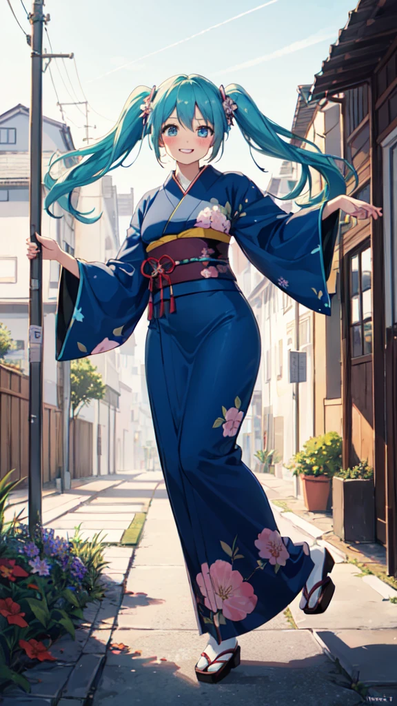 best quality, masterpiece, high resolution, solitary, (Hatsune_future_Blue File:1.10), 1 girl, Wide sleeves, Long sleeve, Looking at the audience, Heart, blush, flowering, Smile, outdoor, Floral, White Kimono, Residence, Printed Kimono, ,Dance,full-body shot
