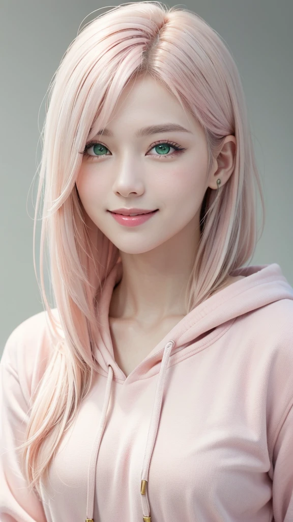 Highest quality、masterpiece、超High resolution、(Realistic:1.3)、RAW Photos、(One girl), Beautiful Face, (Realistic Face), (pale pink hair:1.4), (pale peach-colored hair, Long eyelashes, Long Hair:1.3), Beautiful hairstyle, Realistic eyes, Beautiful attention to detail, (Realistic Skin), Beautiful Skin, (hoody), Confused, charm, 超High resolution, Ultra-realistic, High resolution, Golden Ratio、Gray background, (smile:1.1), (green eyes:1.3)