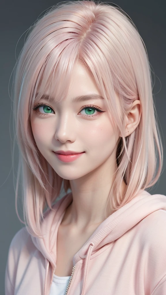 Highest quality、masterpiece、超High resolution、(Realistic:1.3)、RAW Photos、(One girl), Beautiful Face, (Realistic Face), (pale pink hair:1.4), (pale peach-colored hair, Long eyelashes, Long Hair:1.3), Beautiful hairstyle, Realistic eyes, Beautiful attention to detail, (Realistic Skin), Beautiful Skin, (hoody), Confused, charm, 超High resolution, Ultra-realistic, High resolution, Golden Ratio、Gray background, (smile:1.1), (green eyes:1.3)