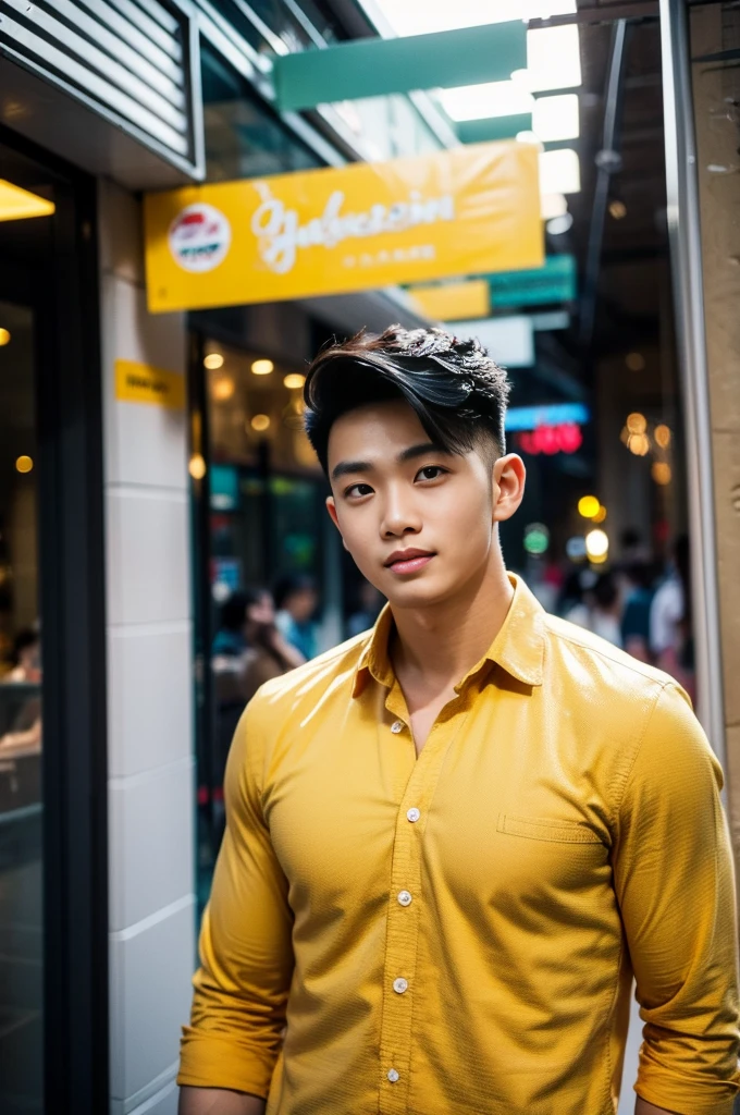 A young Asian man with large muscles looks at the camera. In a dark yellow button-up shirt. , Shopping mall, normal lighting, side